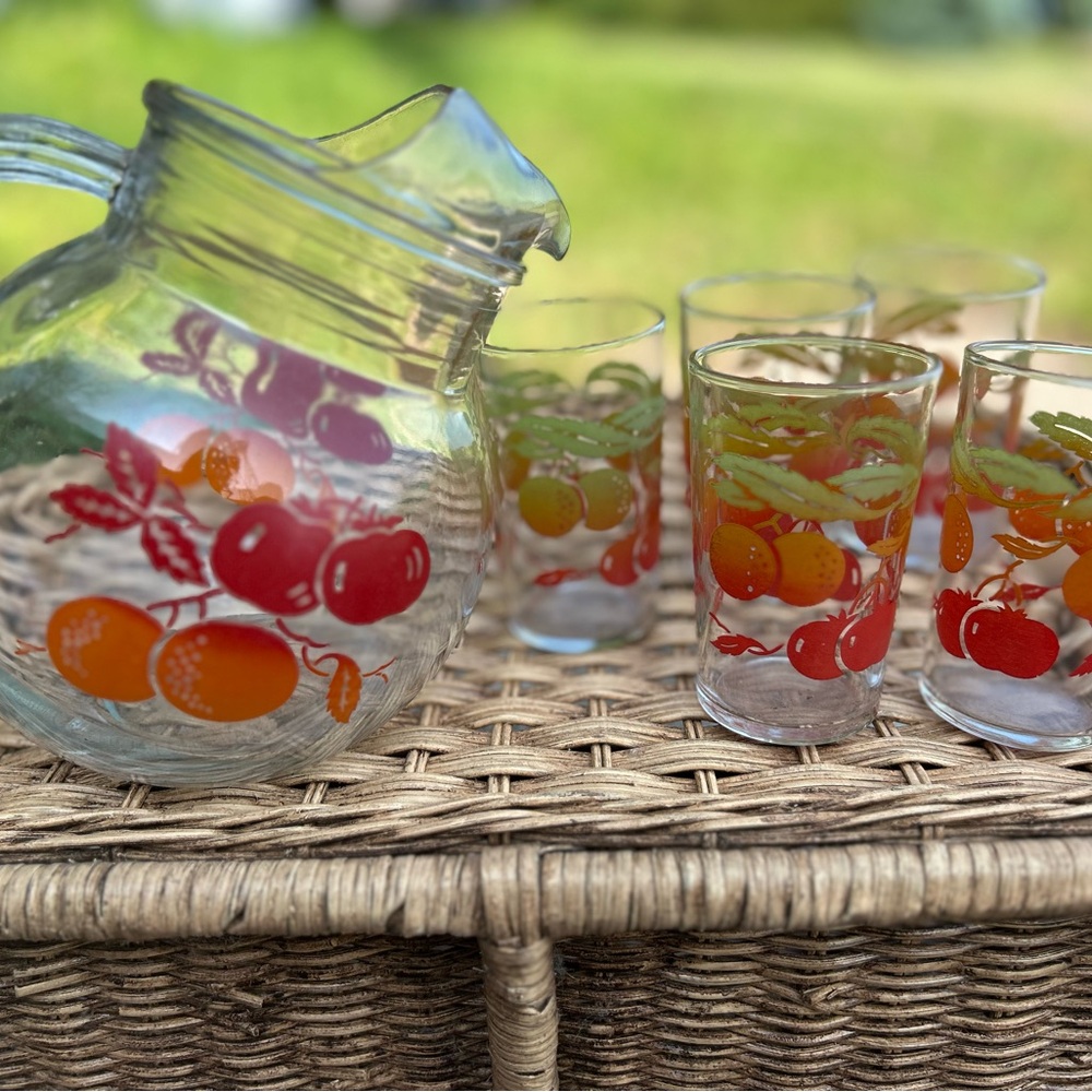 Fruit Design Glass Pitcher and Tumblers Set